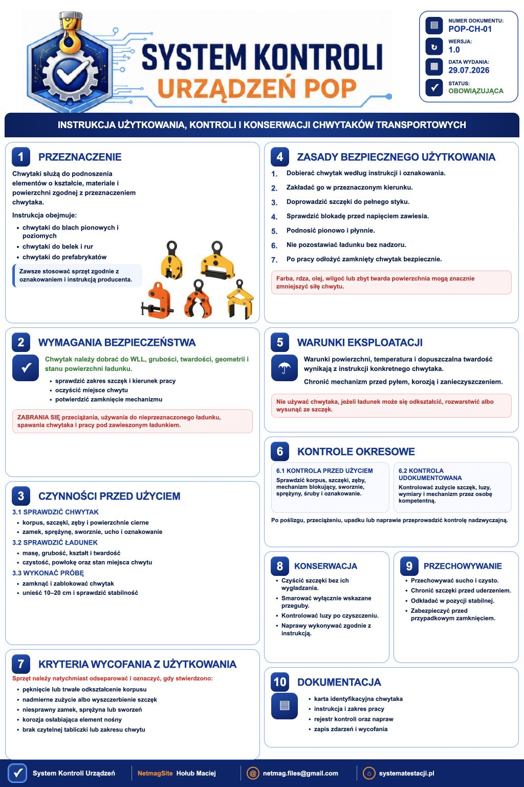 Instrukcja użytkowania, kontroli i konserwacji chwytaków transportowych - plansza instruktażowa