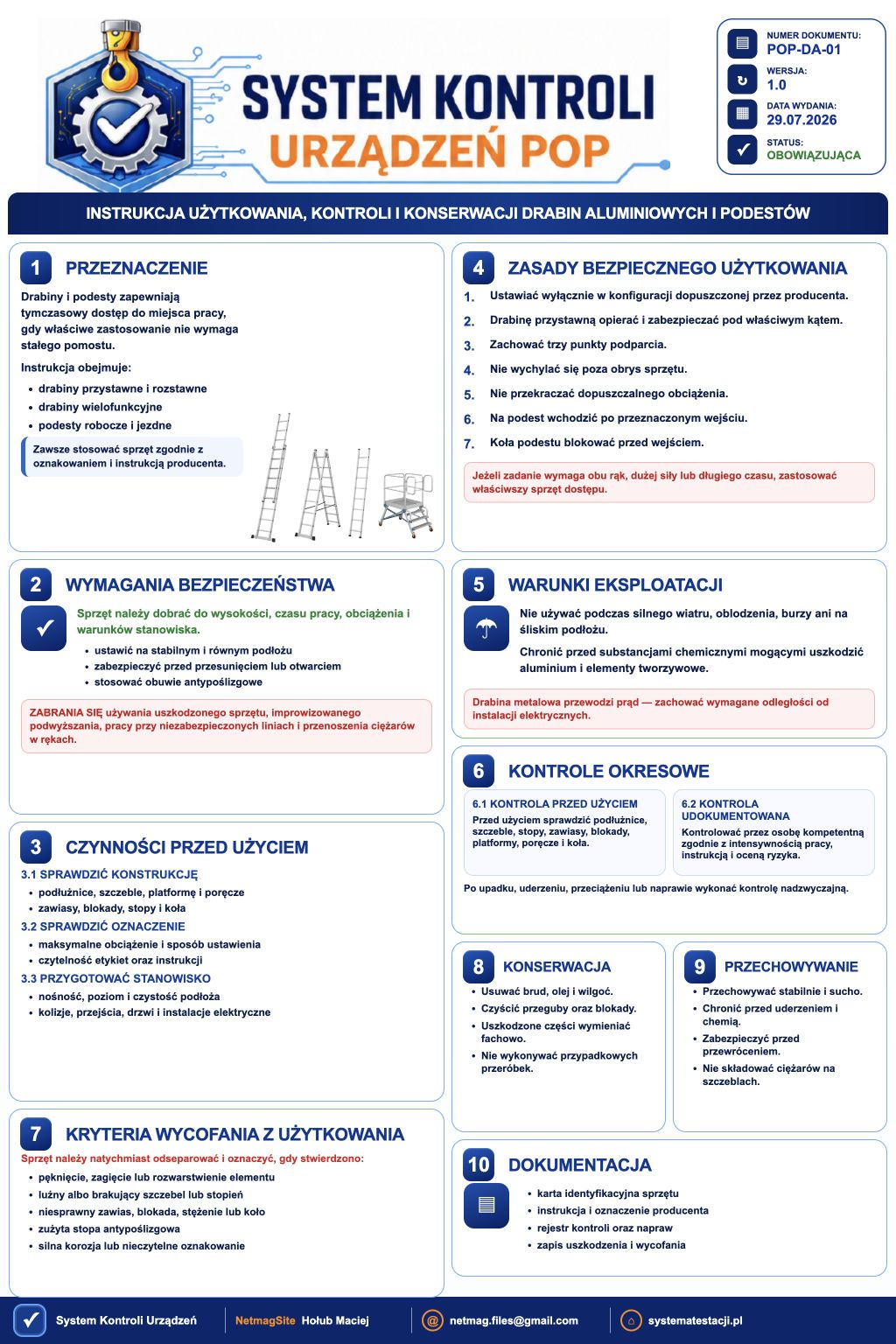 Instrukcja użytkowania, kontroli i konserwacji drabin aluminiowych i podestów - plansza instruktażowa