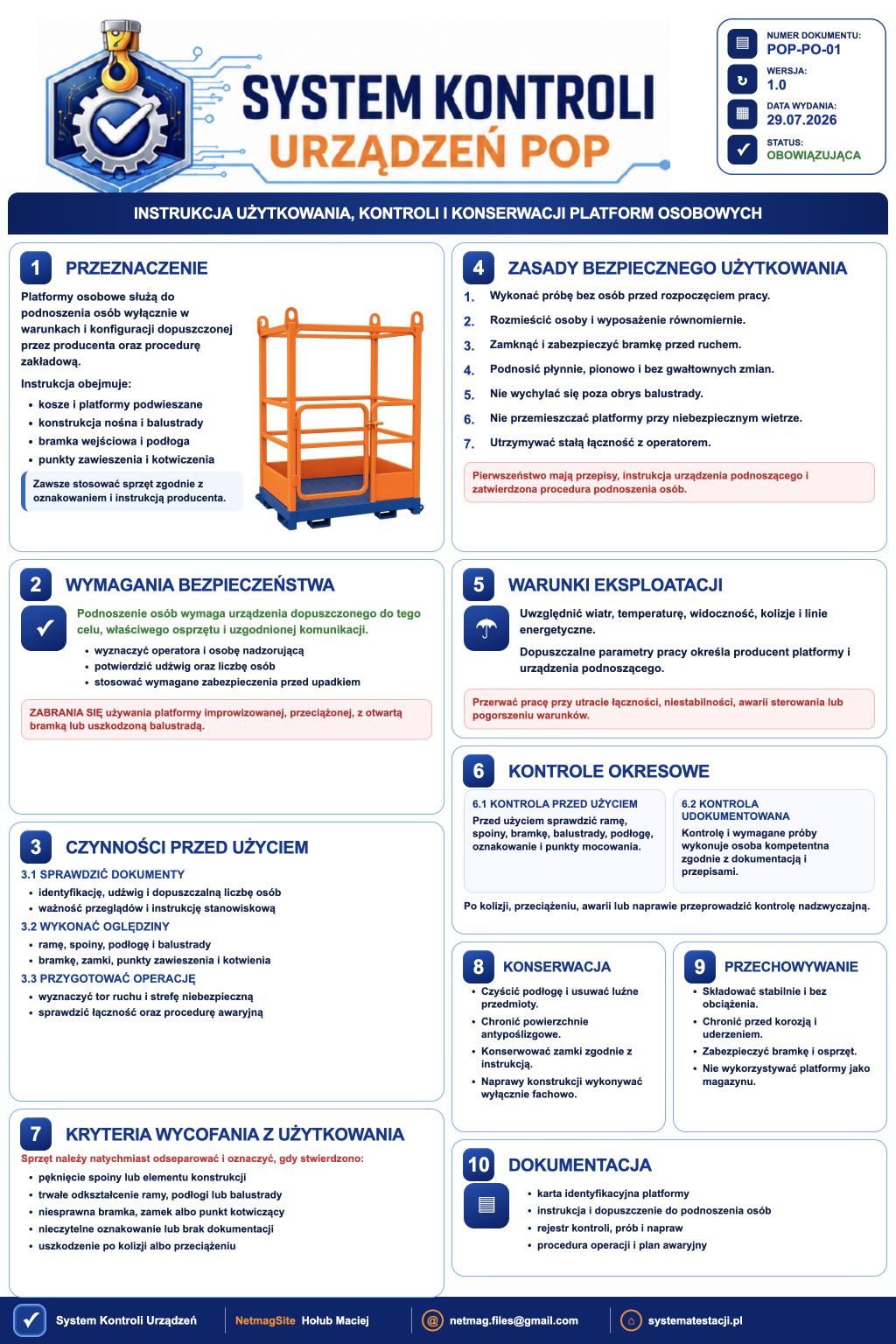 Instrukcja użytkowania, kontroli i konserwacji platform osobowych - plansza instruktażowa