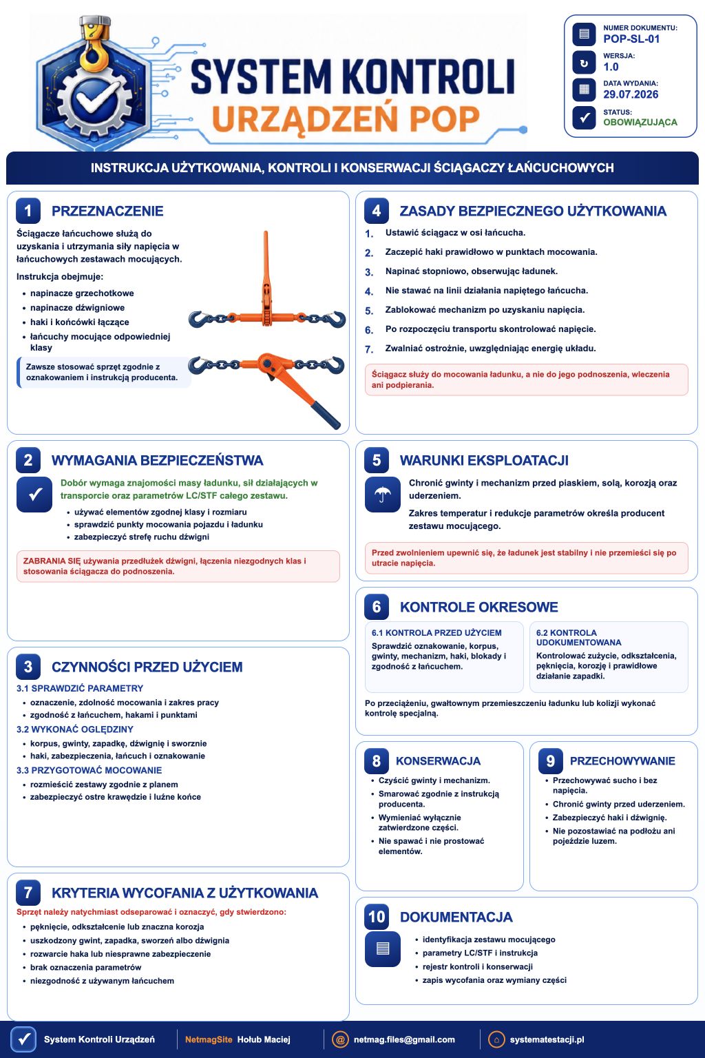 Instrukcja użytkowania, kontroli i konserwacji ściągaczy łańcuchowych - plansza instruktażowa
