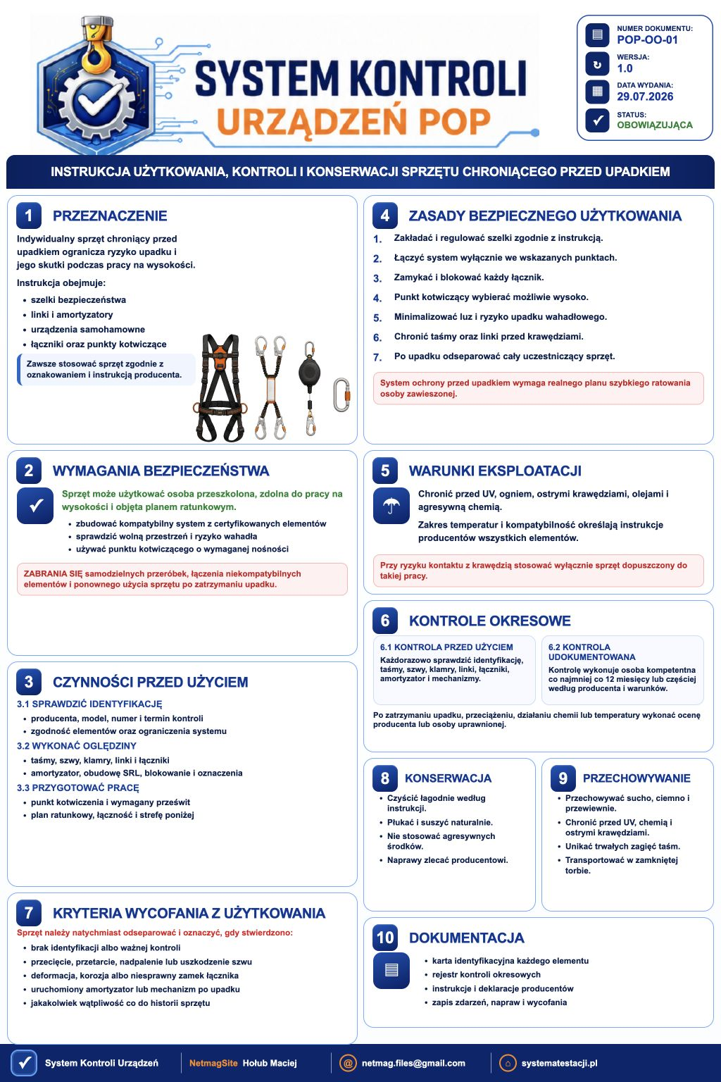 Instrukcja użytkowania, kontroli i konserwacji sprzętu chroniącego przed upadkiem - plansza instruktażowa
