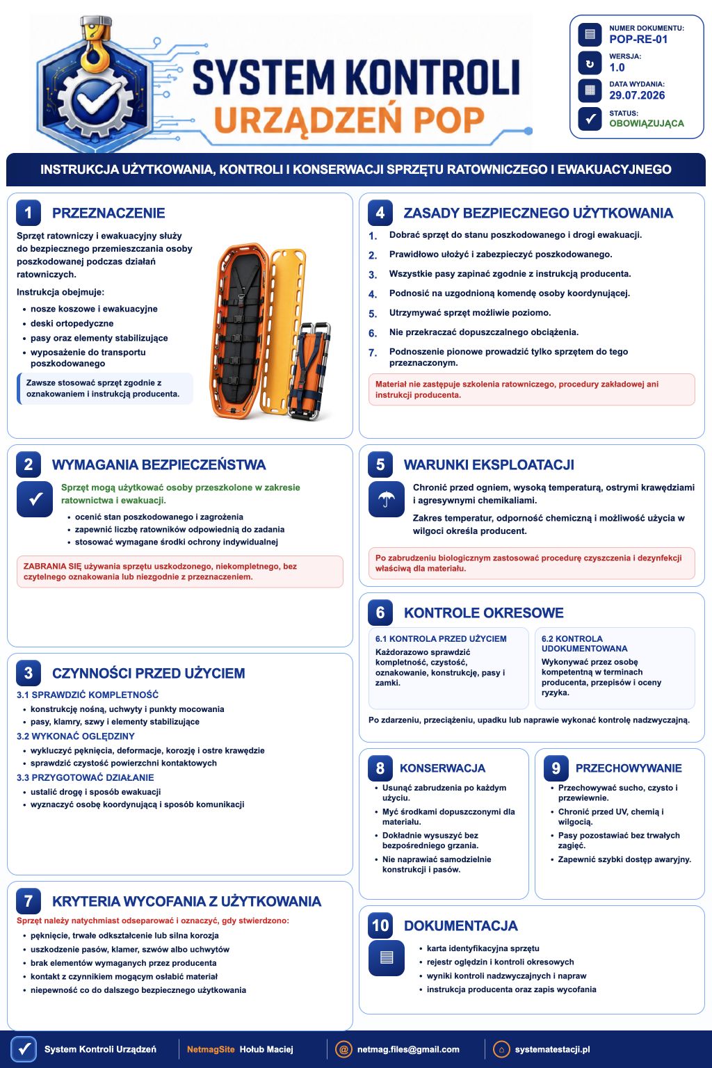 Instrukcja użytkowania, kontroli i konserwacji sprzętu ratowniczego i ewakuacyjnego - plansza instruktażowa