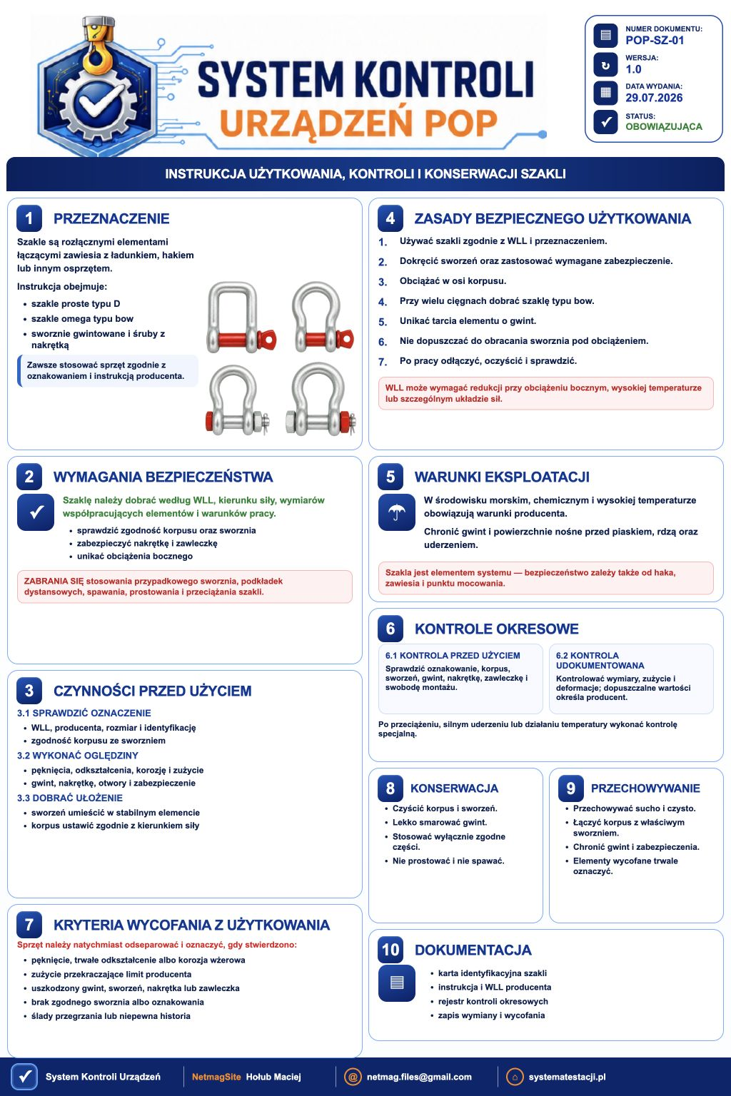 Instrukcja użytkowania, kontroli i konserwacji szakli - plansza instruktażowa