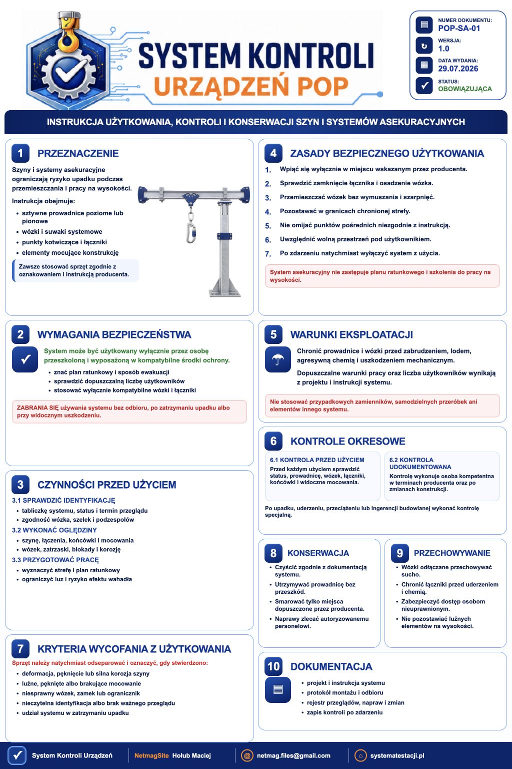 Instrukcja użytkowania, kontroli i konserwacji szyn i systemów asekuracyjnych - plansza instruktażowa