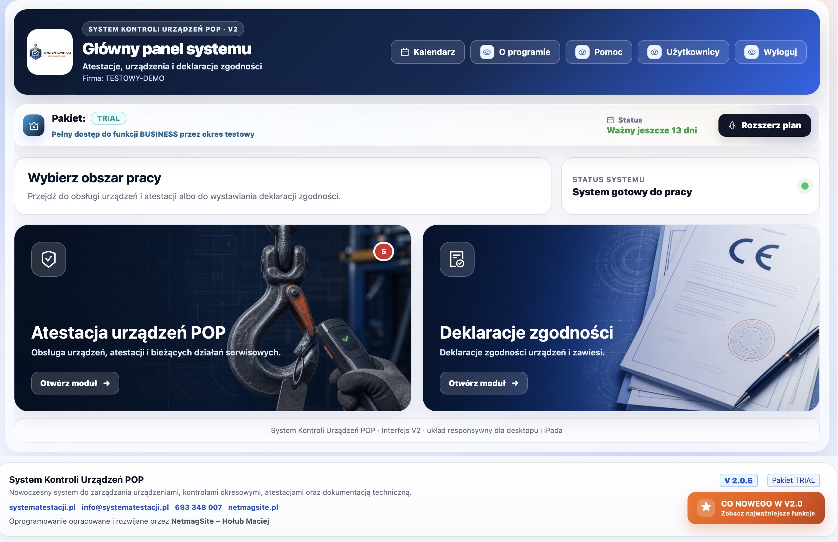 Główny panel systemu