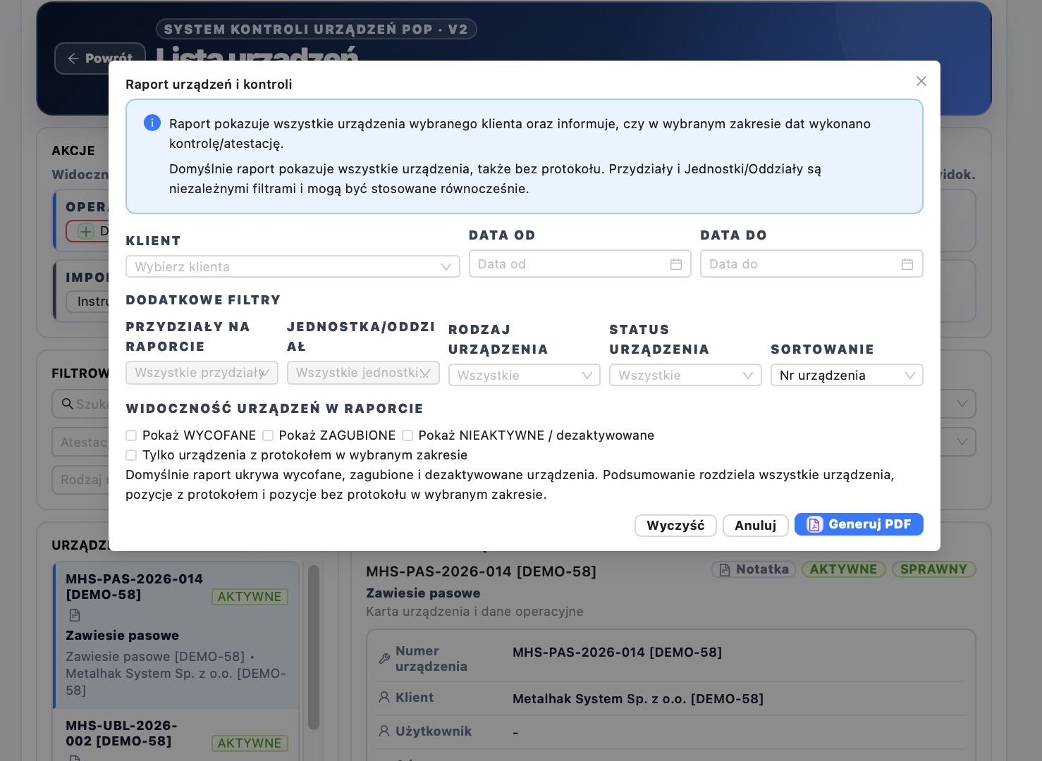 Raport urządzeń