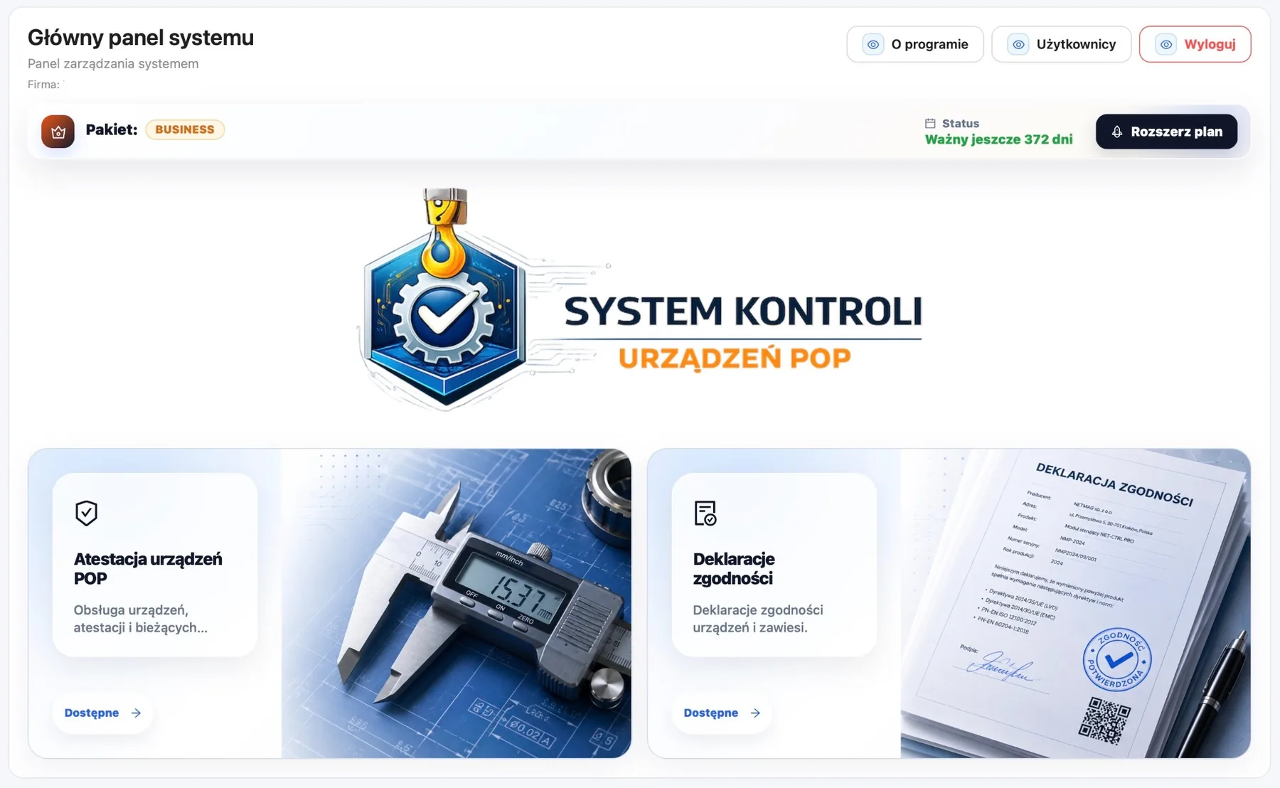 Główny panel systemu