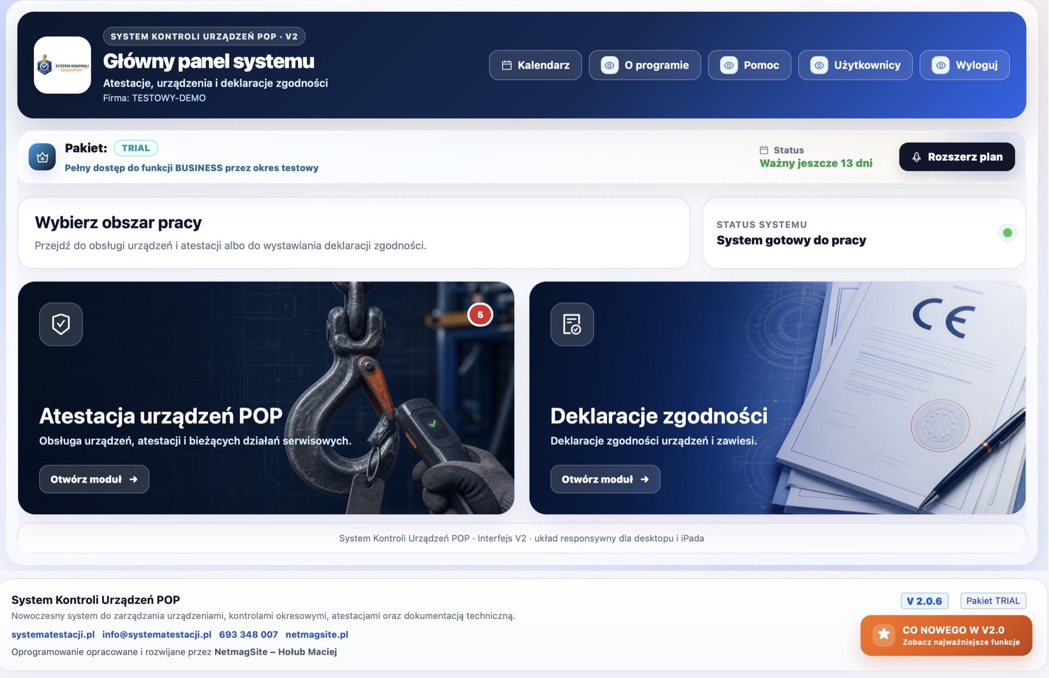 Aktualny ekran główny Systemu Kontroli Urządzeń POP